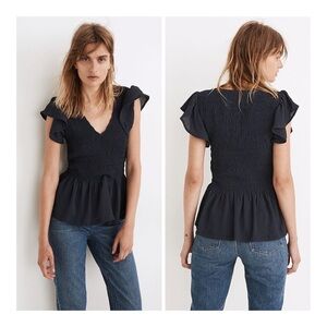 Madewell V-Neck Flutter-Sleeve Smocked Blouse in Textured Chiffon